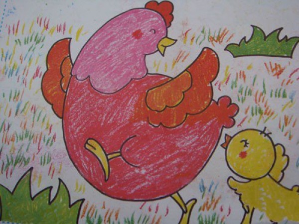 Childrens drawing of beautiful spring - chick playing games with mother