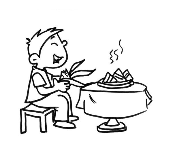 Dragon Boat Festival drawing of little boy eating rice dumplings