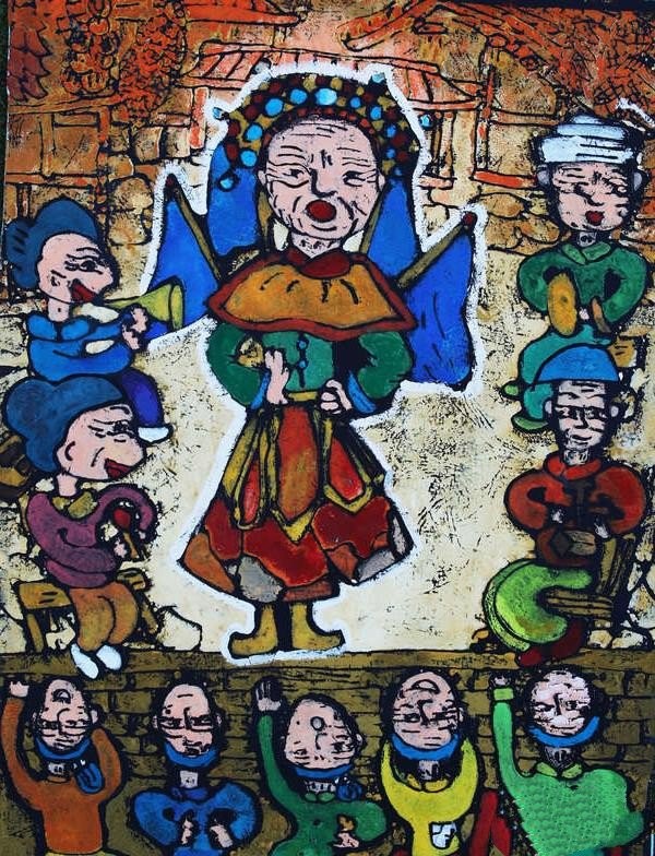 Childrens paintings of respecting the elderly during the Double Ninth Festival - the elderly enjoying the opera