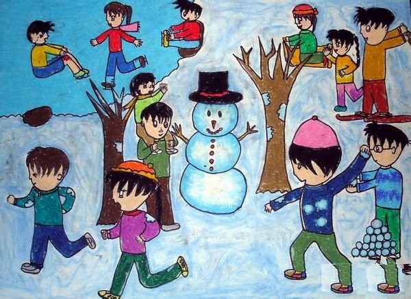 Childrens drawing of having a snowball fight together