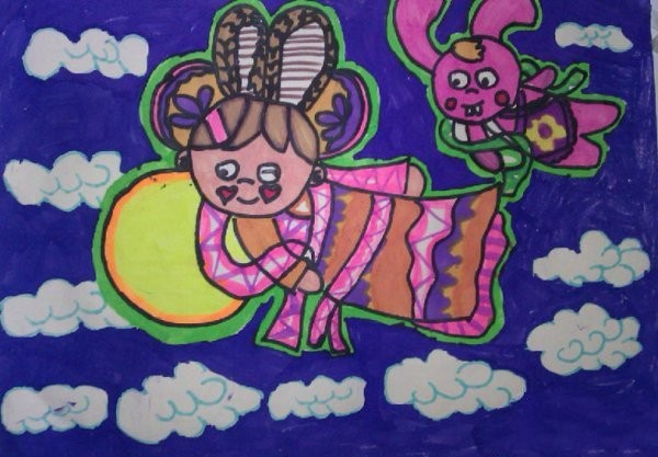 About Mid-Autumn Festival Childrens Painting-Chang'e Flying to the Moon