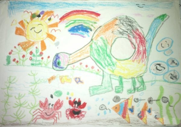 Collection of crayon drawing pictures-Dinosaur mother laying eggs at the beach