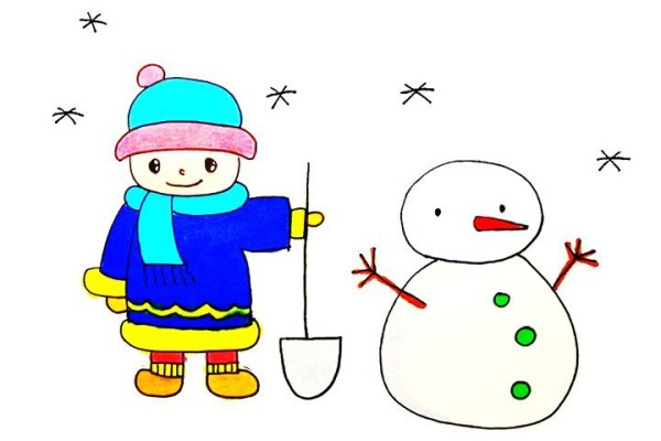 How to draw a little boy making a snowman