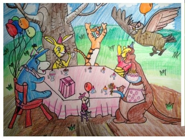 Colored lead drawing pictures of cartoon characters’ birthday party