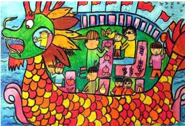 Childrens drawings of dragon boat racing during Dragon Boat Festival - joy on the dragon boat