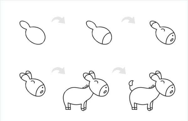 Simple drawing pictures of little donkey including step-by-step drawing methods