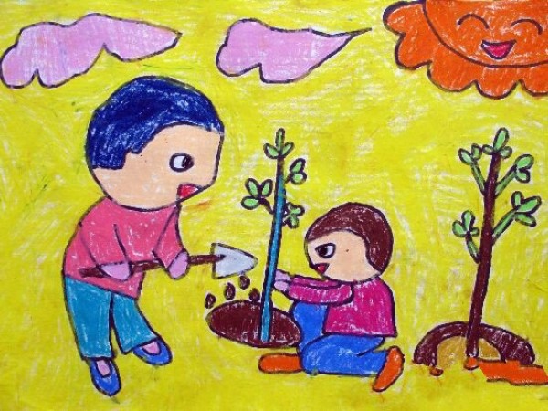 Childrens drawing of Spring Arbor Day-Protecting the environment starts with me