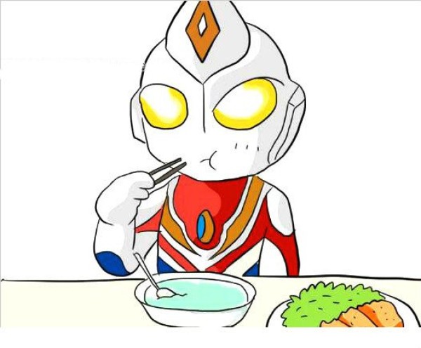 Cute Q version of Ultraman Dyna eating breakfast