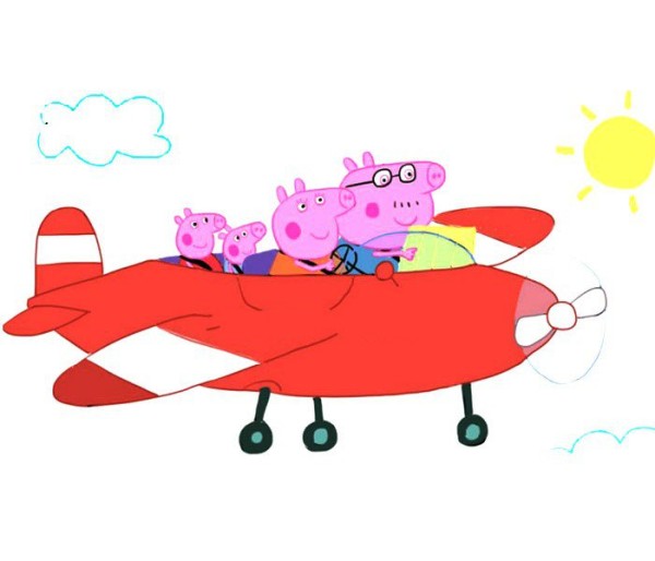 Peppa Pig and her family travel by plane