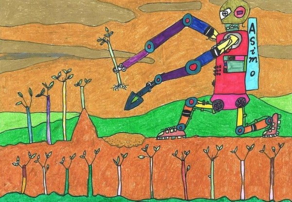 Arbor Day drawing pictures of robots planting trees