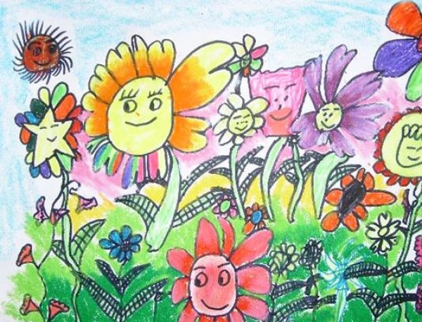 Spring childrens simple drawing pictures_beautiful garden