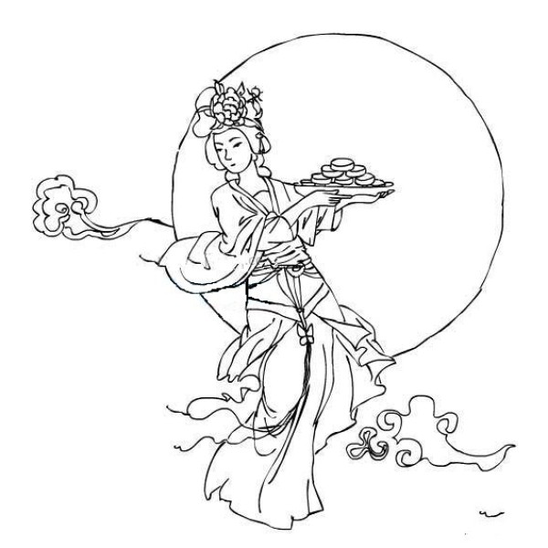 Simple drawing of Chang'e holding mooncakes