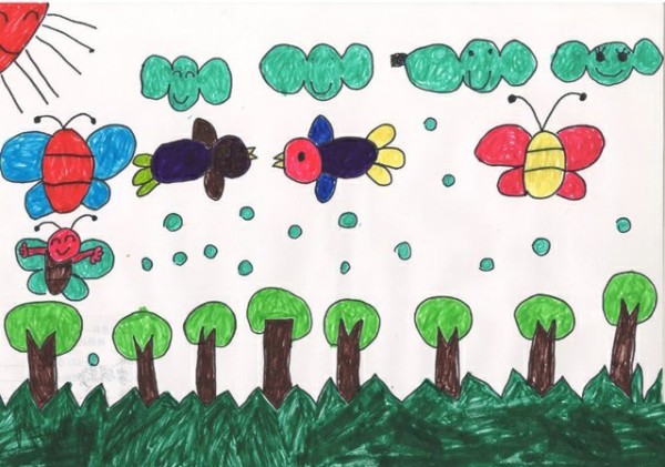 Childrens drawing of birds in spring