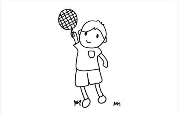 Simple drawing picture of little boy playing badminton