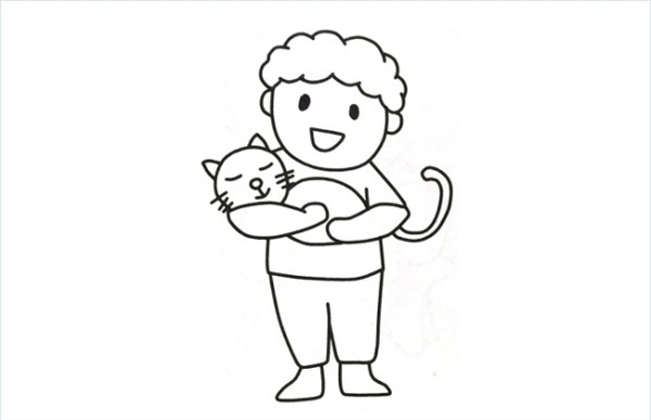 Simple drawing picture of little boy holding cat