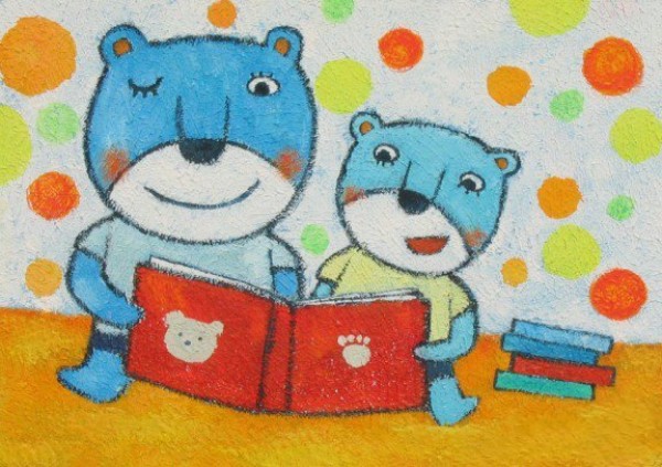 Childrens crayon drawings - little bear and mother bear reading a book together