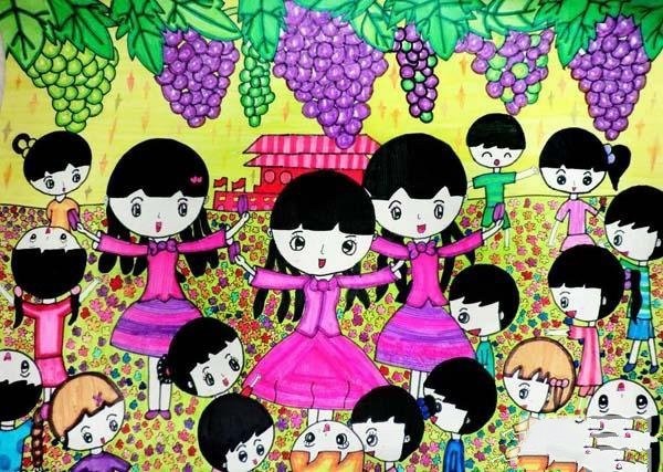 Appreciation of children’s paintings on National Day: Grape harvest to celebrate National Day