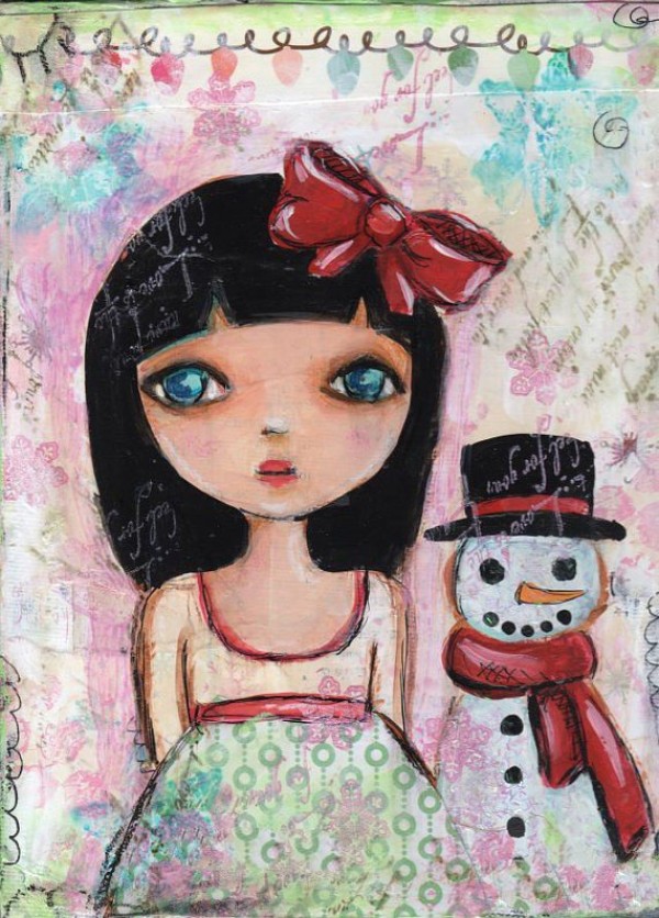 Online appreciation of foreign watercolor paintings of Girl and Snowman