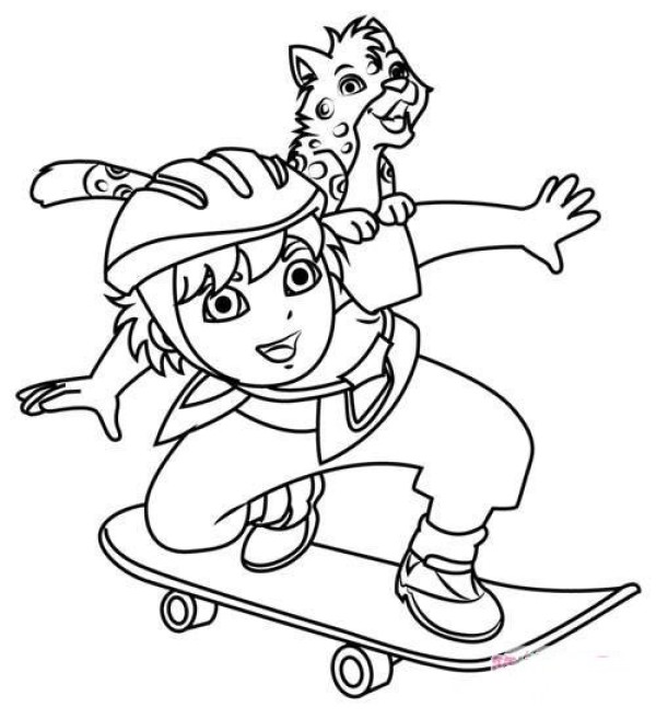 Childrens simple drawing pictures of Diego playing skateboard