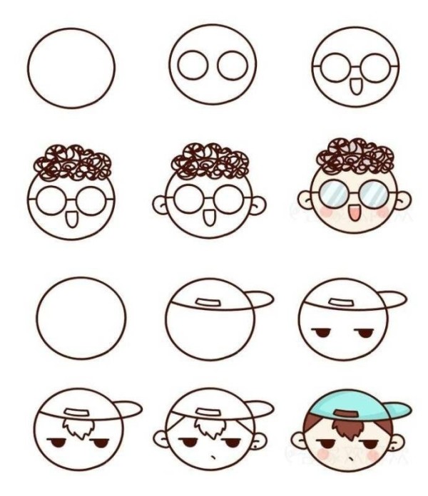 Step by step drawing of cartoon boy avatar