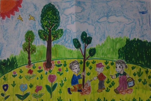 Arbor Day parent-child painting: happy tree planting record