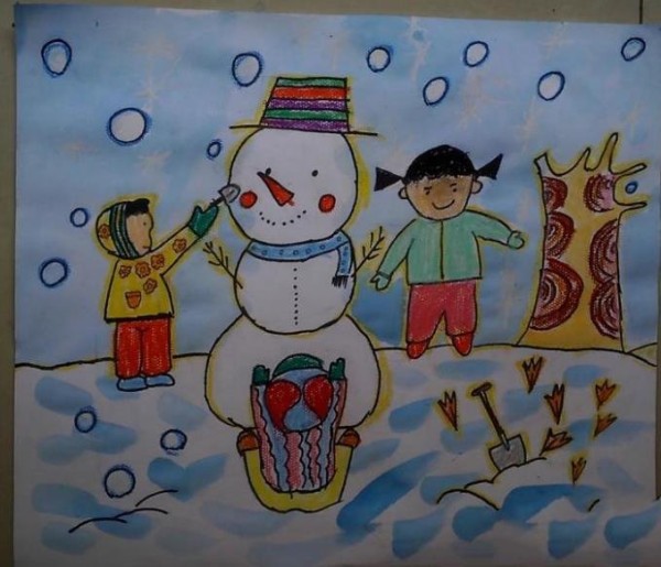 Childrens drawings playing with snowman