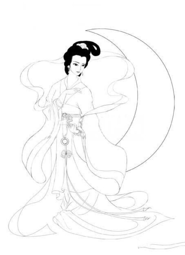 Mid-Autumn Festivals simple drawing of Chang'e - Chang'e flying to the moon