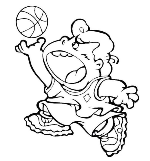 Childrens simple drawing of little boy playing basketball