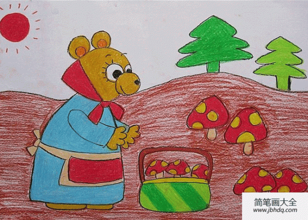 A collection of excellent crayon drawings for young children-Mama Bear picking mushrooms