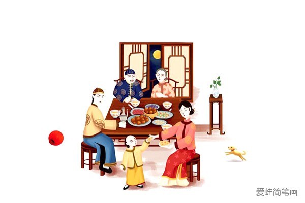 A set of New Years Eve reunion dinner illustrations