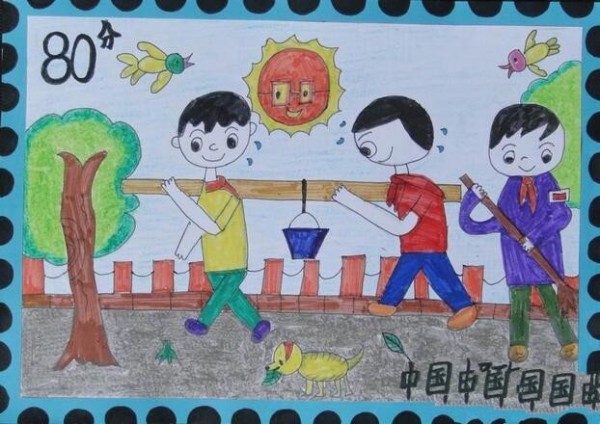 The little boy carrying water shared the painting about learning from Lei Feng