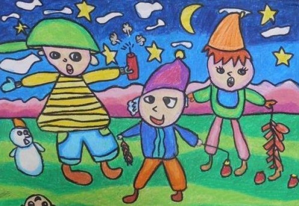 Childrens drawing of happy firecrackers