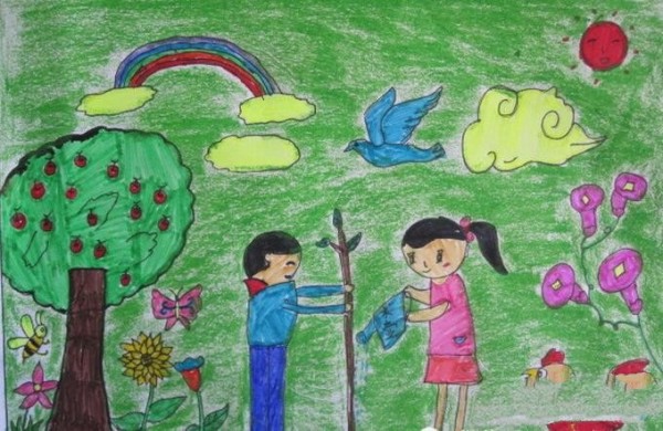 Appreciation of childrens Arbor Day paintings of planting green hope