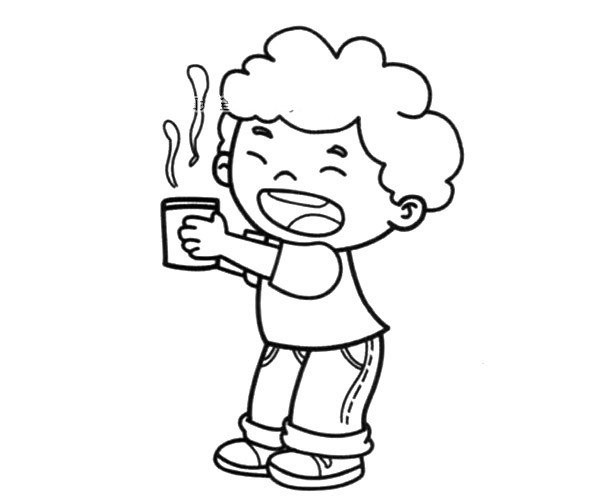 little boy holding a cup of hot water