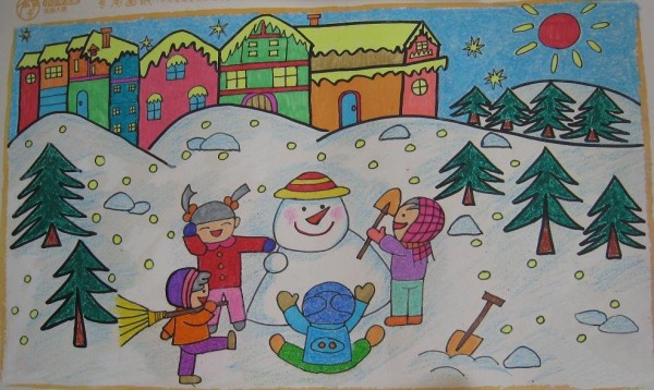 Childrens oil stick paintings of happy snowmen