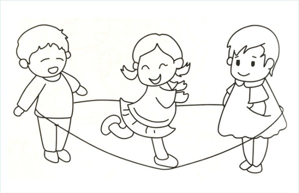 A simple drawing of three children playing a skipping game