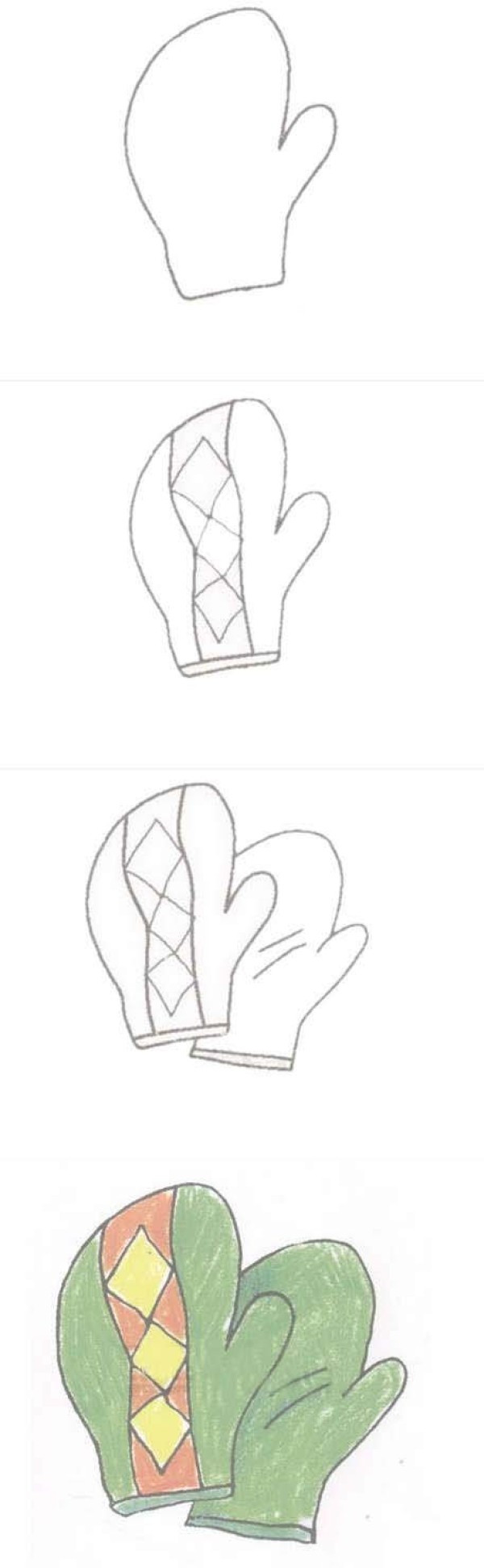 Step by step drawing of childrens gloves with simple strokes