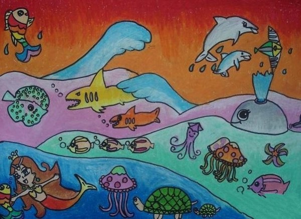 Childrens drawing of underwater world