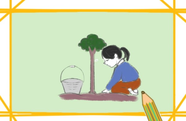 Simple drawing of girl planting trees