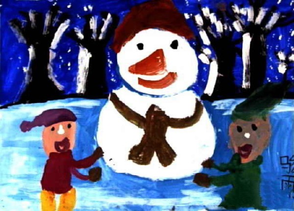 Childrens drawings of winter - we are with the little snowman