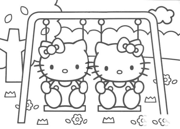 Hello Kitty sisters walking on the swing simple drawing