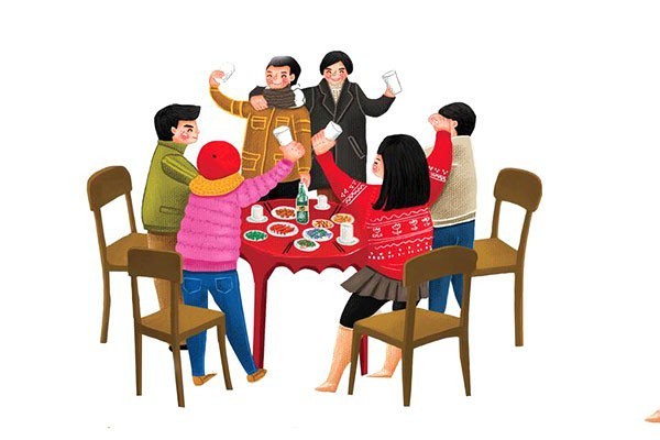 A set of New Years Eve reunion dinner illustrations