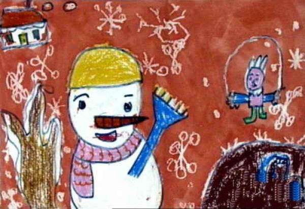 Happy winter childrens drawing - winter snowman