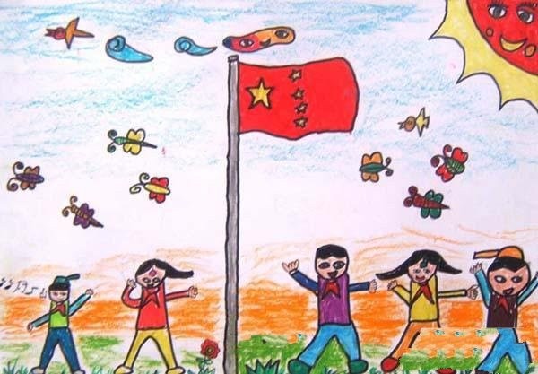 Childrens drawings for National Day in third grade primary schools: Singing under the flag