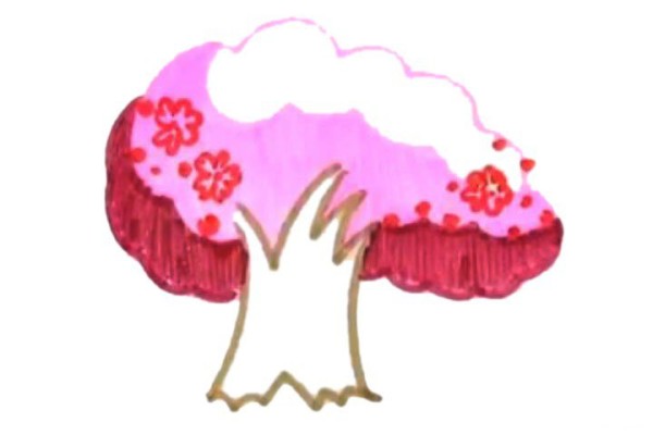 Simple drawing tutorial of cherry blossom tree with cherry blossoms drifting in the wind in spring