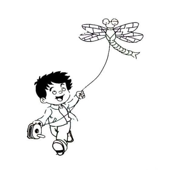 Spring simple drawing material of a little boy flying a kite