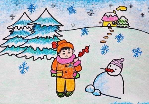 Primary school children’s winning crayon drawing: Snowman in winter