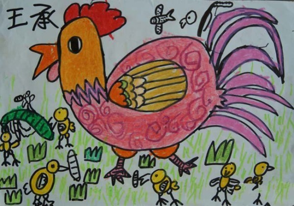 Childrens drawing collection-Mother chicken and her chicks looking for food