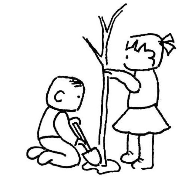 Little boy and girl planting trees