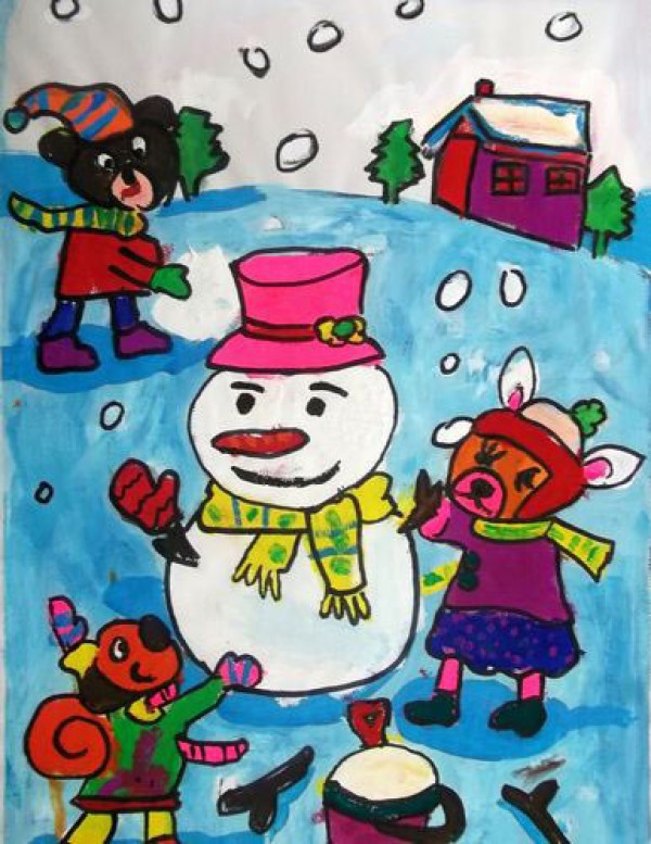 Childrens drawing of happy winter